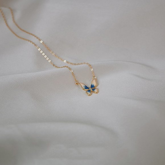 NEW Silver Gold Butterfly Blue Drop Glaze Necklace - Picture 7 of 8